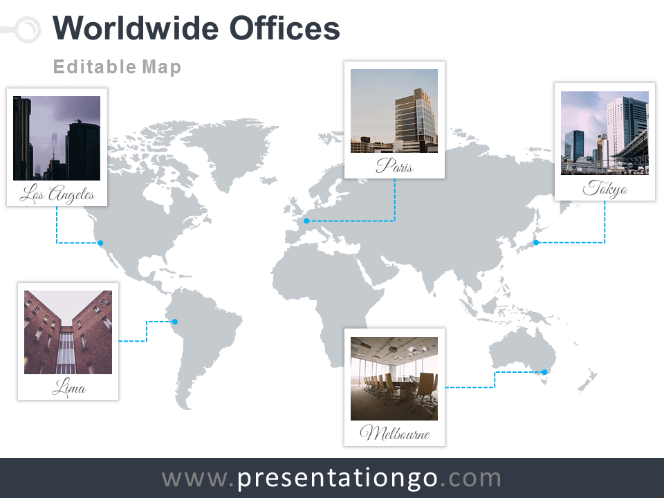 Free and editable PowerPoint worldmap with Polaroid frames for your offices