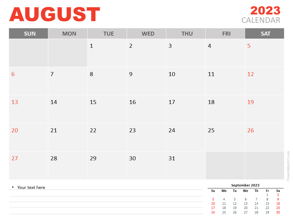 August 2023 Calendar for PowerPoint and Google Slides
