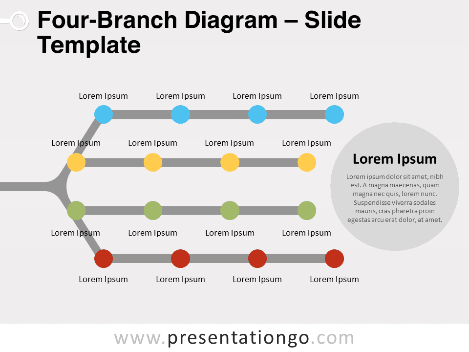 Free Four-Branch Diagram for PowerPoint that features a gray fork shape with four horizontal tines, resembling a tree with four branches.