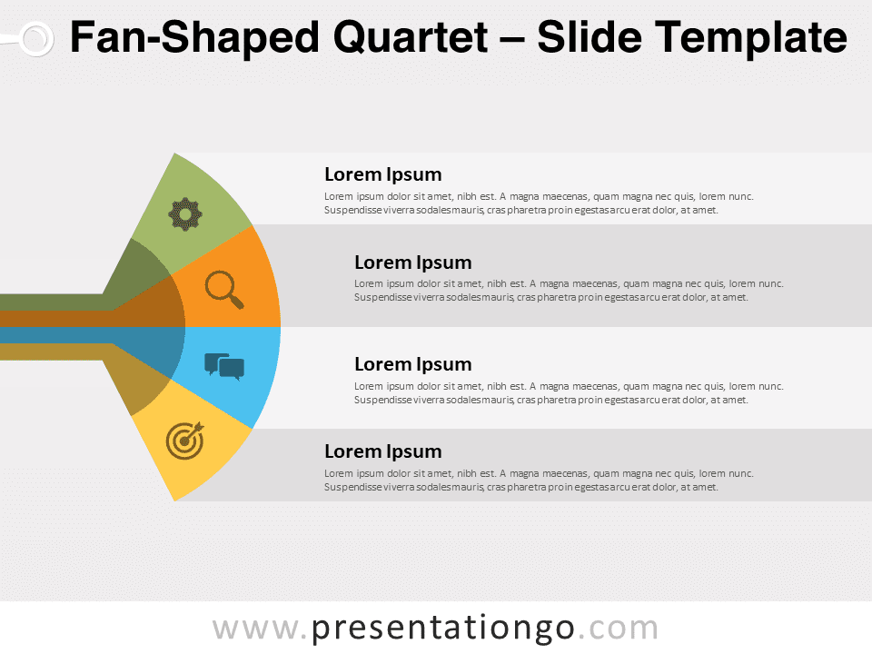 A preview of the editable Fan-Shaped Quartet slide template for PowerPoint, showcasing four sections with customizable icons and text.