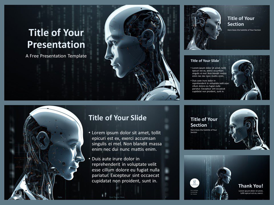 Preview of Android Intelligence PowerPoint Template slides showcasing futuristic design.