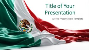 Cover slide preview of the Flag of Mexico PowerPoint Template featuring a wavy Mexican flag on the left and space for title and subtitle.