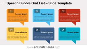 Editable speech bubble grid list template displayed on a light background, featuring colorful speech bubbles for PowerPoint and Google Slides presentations.