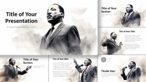Overview of the widescreen Martin Luther King Jr. presentation template with six diverse slides and a dominant cover slide.
