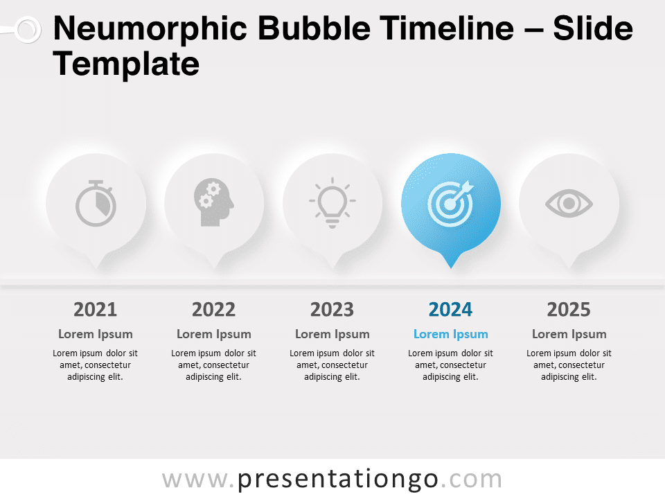 Preview of Neumorphic Bubble Timeline PowerPoint template highlighting key milestones in a modern design.