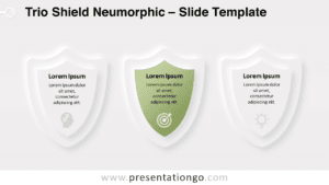 Trio Shield Neumorphic PowerPoint slide displayed on a light background, highlighting modern 3D design elements.