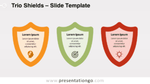 Trio Shields PowerPoint template slide displayed on a light background, featuring orange, green, and red shield icons.