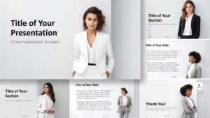 Overview of the widescreen Businesswoman Postures Template for PowerPoint and Google Slides with a focus on the cover slide.