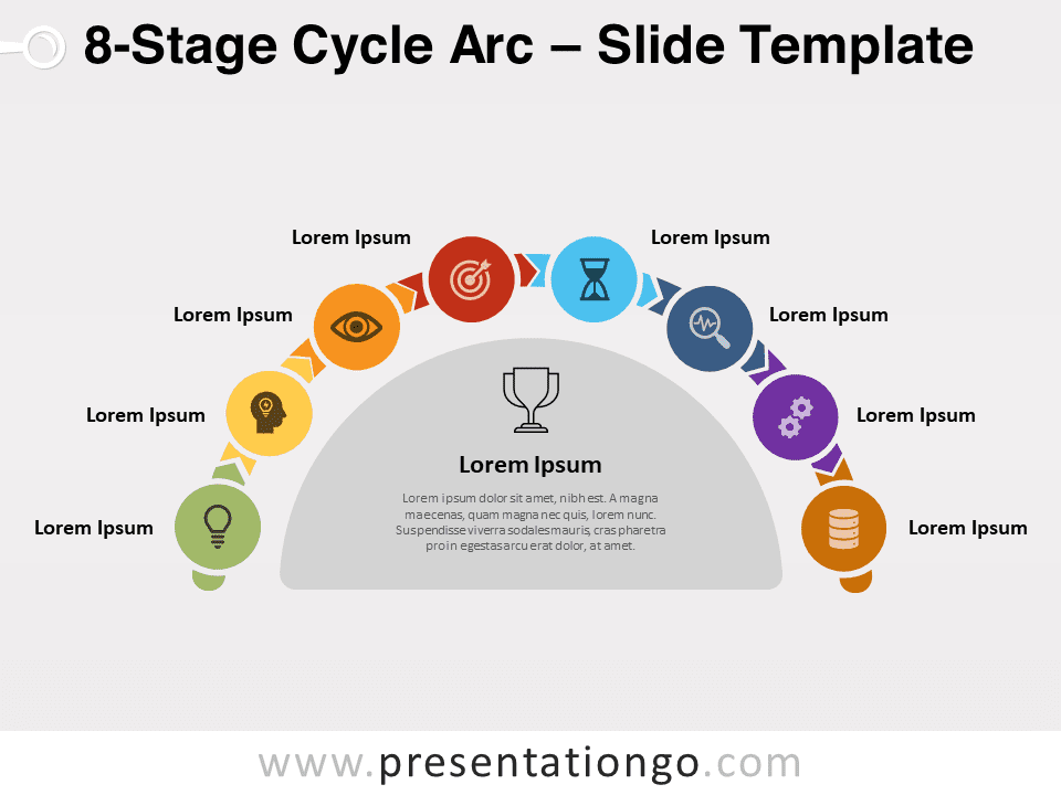 Overview of 8-Stage Cycle Arc template for PowerPoint presentations, showcasing the semi-circular design and color-coded stages.