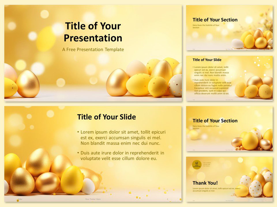 Preview of Golden Easter Eggs PowerPoint Template featuring six slide layouts