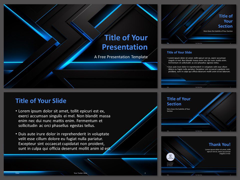 Preview of Neon Tech Lines PowerPoint Template featuring six slides with a focus on the cover slide.