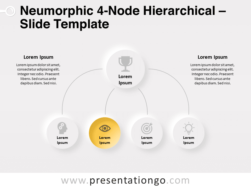 Preview of Neumorphic 4-Node Hierarchical slide for PowerPoint presentations, showcasing the central node and connected elements.