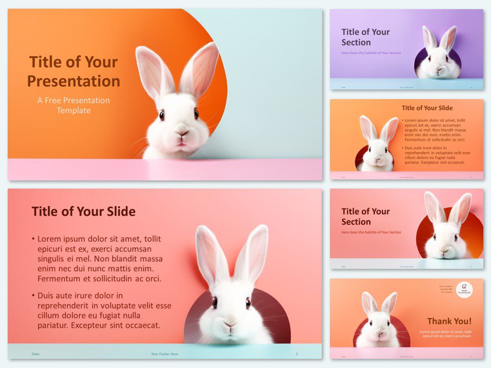 Overview of Pastel Bunnies PowerPoint Template with colorful slides and bunny illustrations.