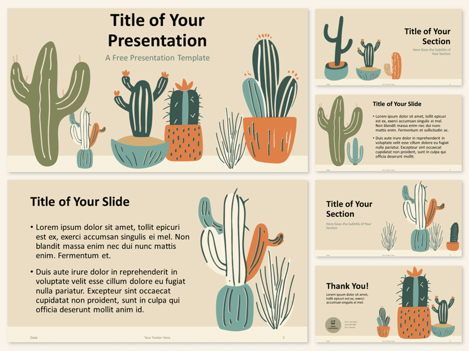 Preview of Sage Coral Cacti PowerPoint Template featuring the cover slide and standard layout of 6 slides.