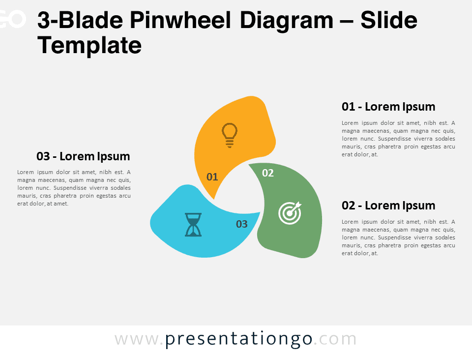 Preview of 3-Blade Pinwheel Diagram for PowerPoint and Google Slides showing the colorful, segmented design ideal for presentations on process stages