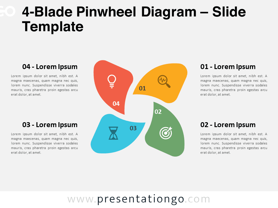 Preview of 4-Blade Pinwheel Diagram for PowerPoint and Google Slides showing the colorful, segmented design ideal for presentations on process stages