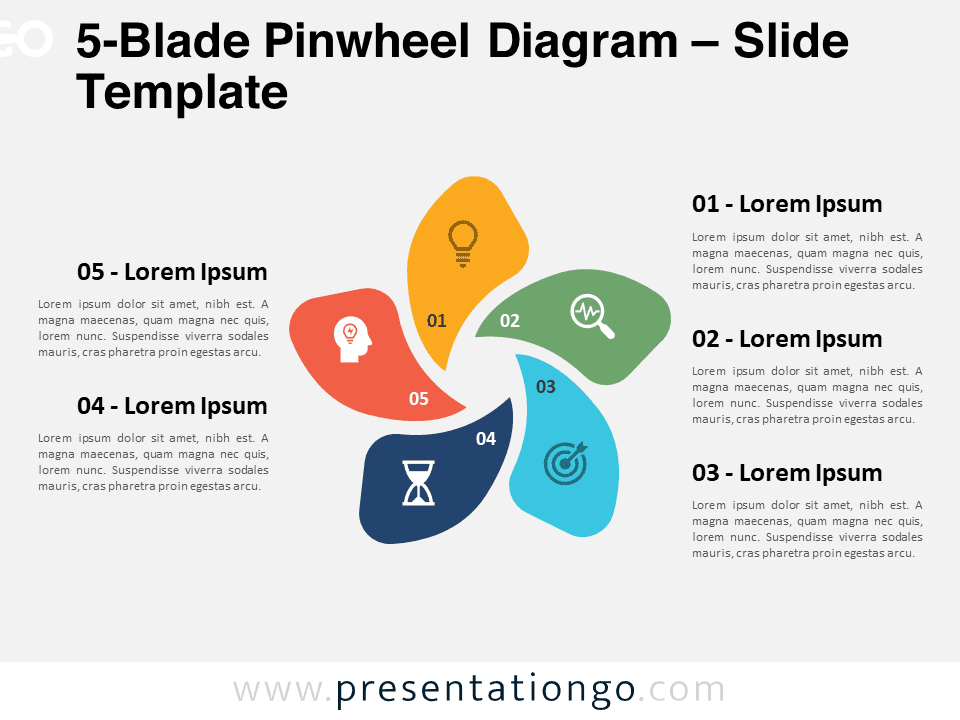 Preview of 5-Blade Pinwheel Diagram for PowerPoint and Google Slides showing the colorful, segmented design ideal for presentations on process stages