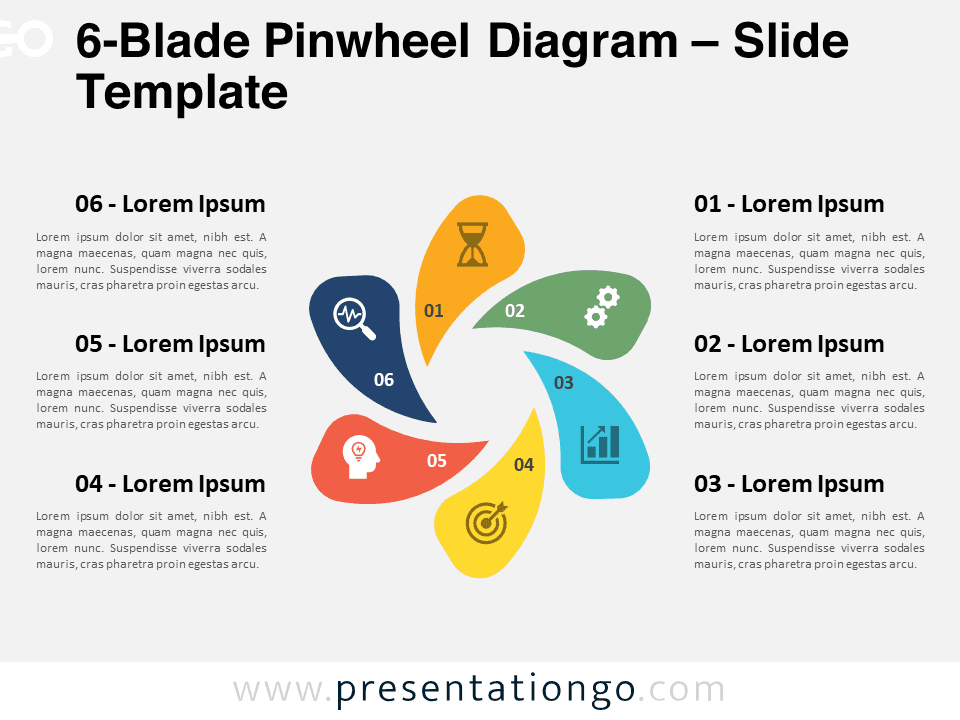 Preview of 6-Blade Pinwheel Diagram for PowerPoint and Google Slides showing the colorful, segmented design ideal for presentations on process stages