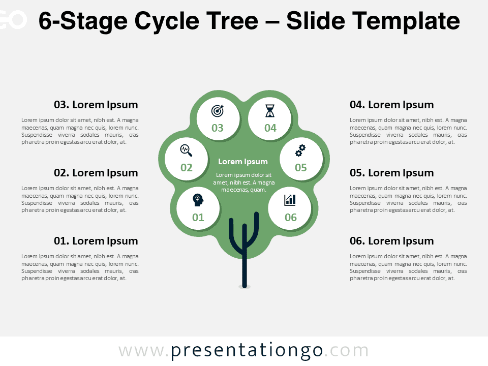 6-Stage Cycle Tree template preview for PowerPoint and Google Slides.