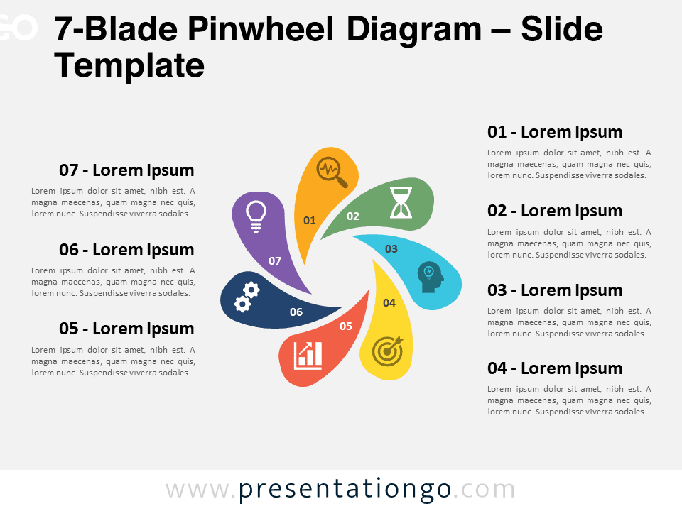 Preview of 7-Blade Pinwheel Diagram for PowerPoint and Google Slides showing the colorful, segmented design ideal for presentations on process stages