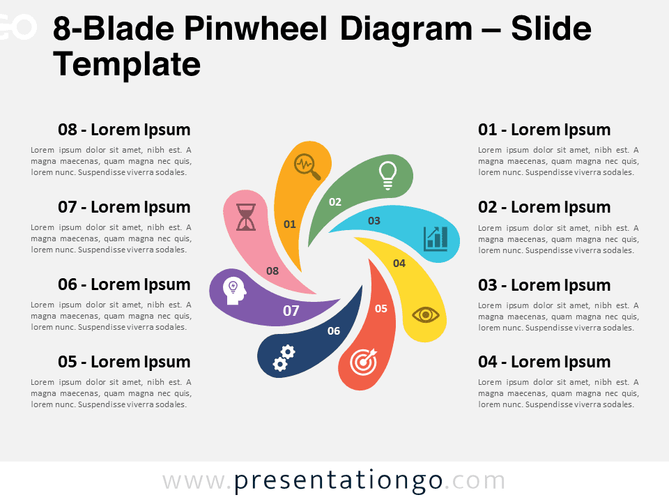 Preview of 8-Blade Pinwheel Diagram for PowerPoint and Google Slides showing the colorful, segmented design ideal for presentations on process stages