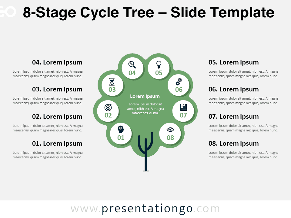 8-Stage Cycle Tree featured template for PowerPoint and Google Slides presentations.