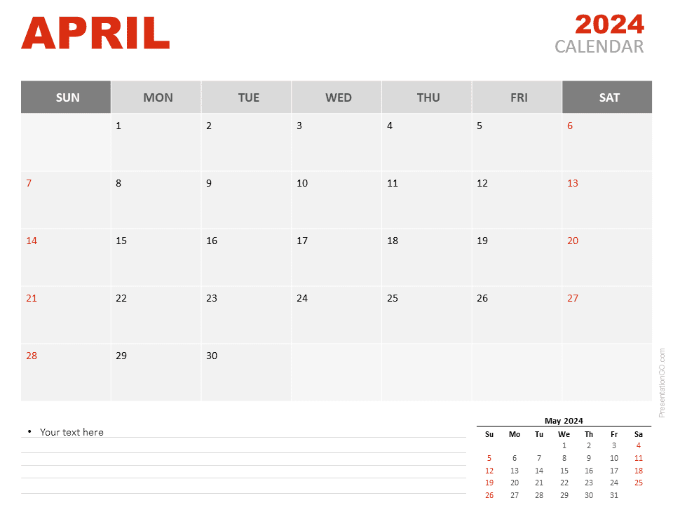 Preview of April 2024 Calendar template for PowerPoint presentations with a modern design.