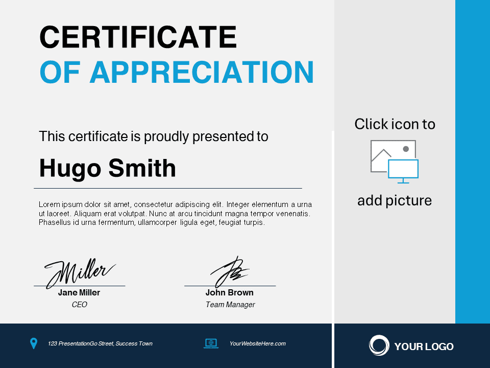 Corporate Blue Certificate Template showcased for PowerPoint users.