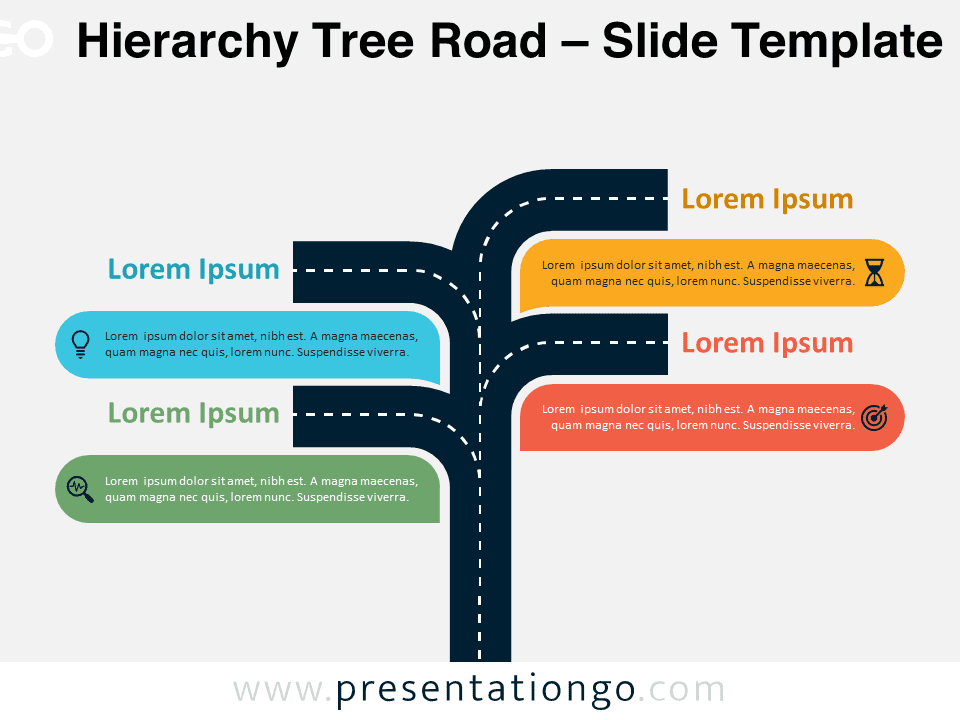 Preview of Hierarchy Tree Road template, showcasing the four-step diagram for PowerPoint and Google Slides.