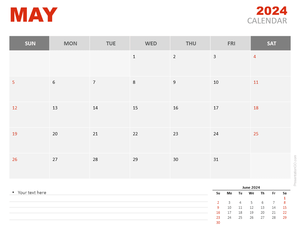 Preview of the May 2024 Calendar PowerPoint template featuring a modern minimalist design.