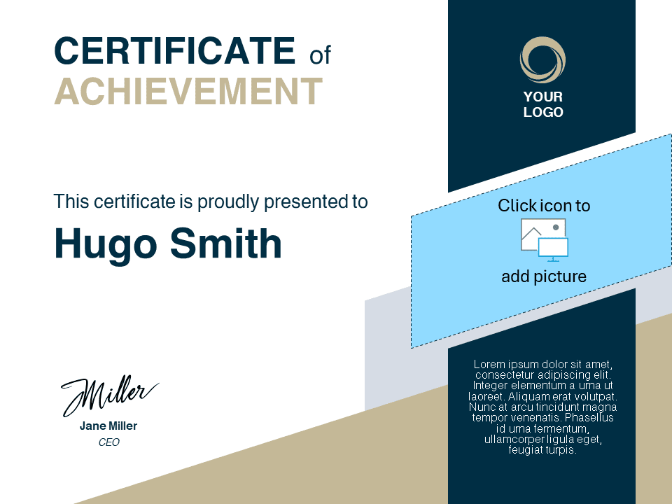 Navy Gold Executive Certificate Template with Photo for PowerPoint and Google Slides Navy Gold Executive Certificate Template featuring a photo placeholder example, editable in PowerPoint and Google Slides.