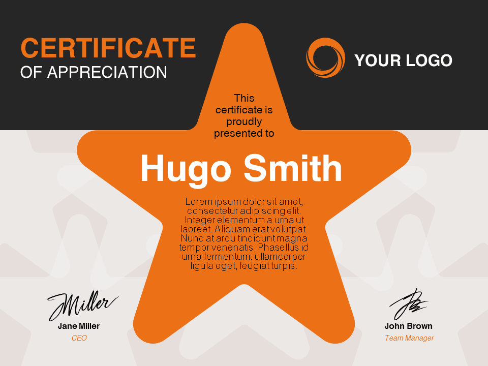 Downloadable Orange Star Appreciation Certificate Template compatible with PowerPoint and Google Slides.