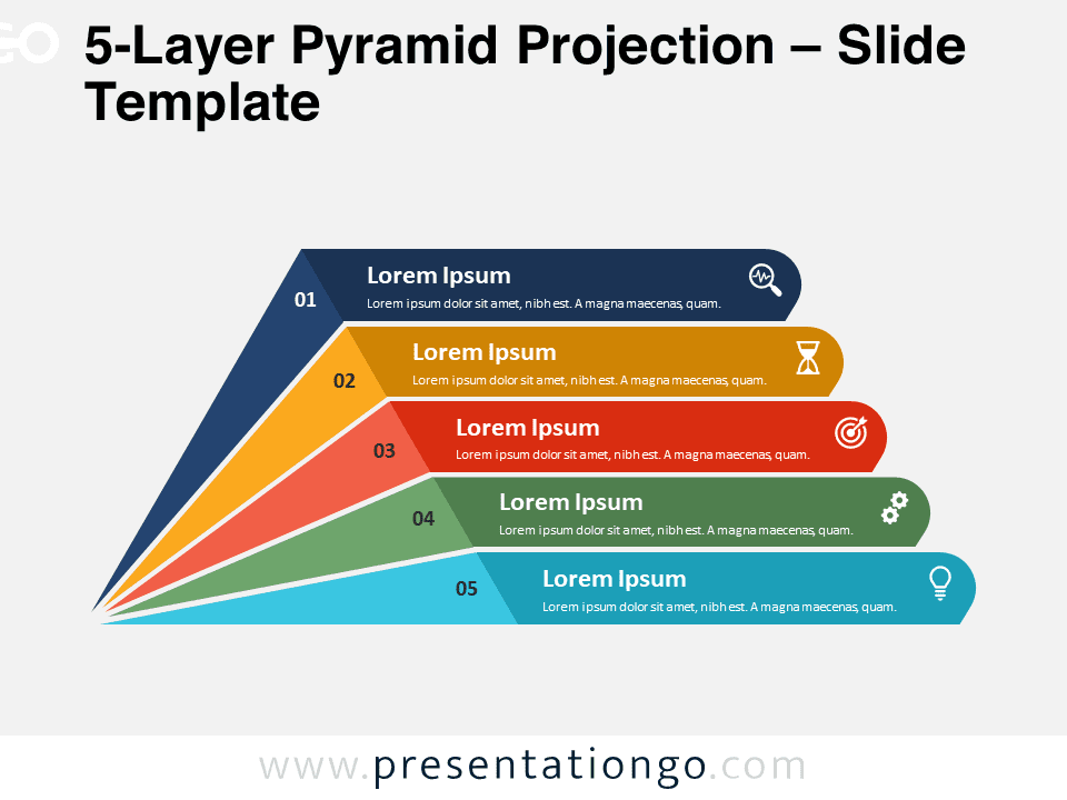 Preview of the 5-Layer Pyramid Projection template for PowerPoint and Google Slides, featuring a structured, numbered design for presentations.