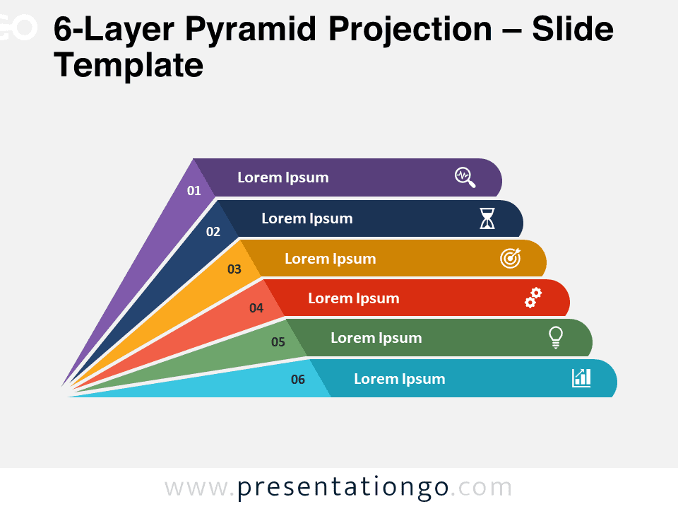 Preview of the 6-Layer Pyramid Projection template for PowerPoint and Google Slides, showcasing a structured multi-step design.