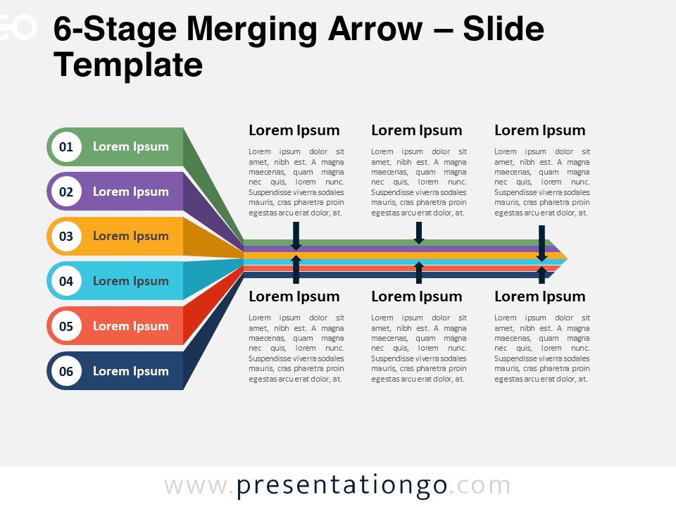 Preview of the 6-Stage Merging Arrow template for PowerPoint and Google Slides, showing six stages merging into one unified arrow.