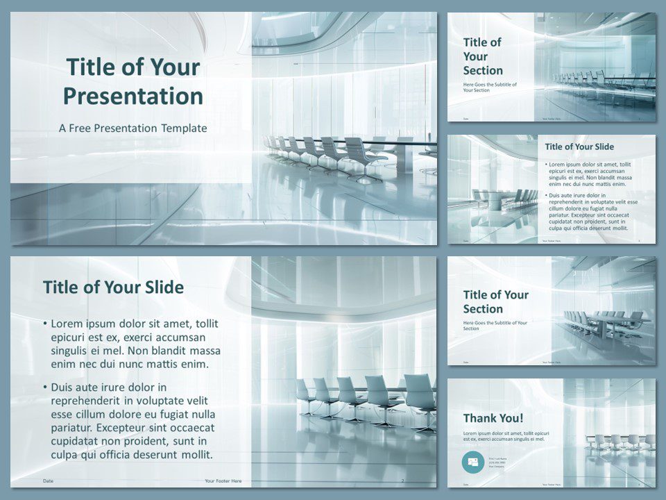 Preview of the Arctic Meeting Space Template for PowerPoint, featuring a modern conference room design with six slide layouts.