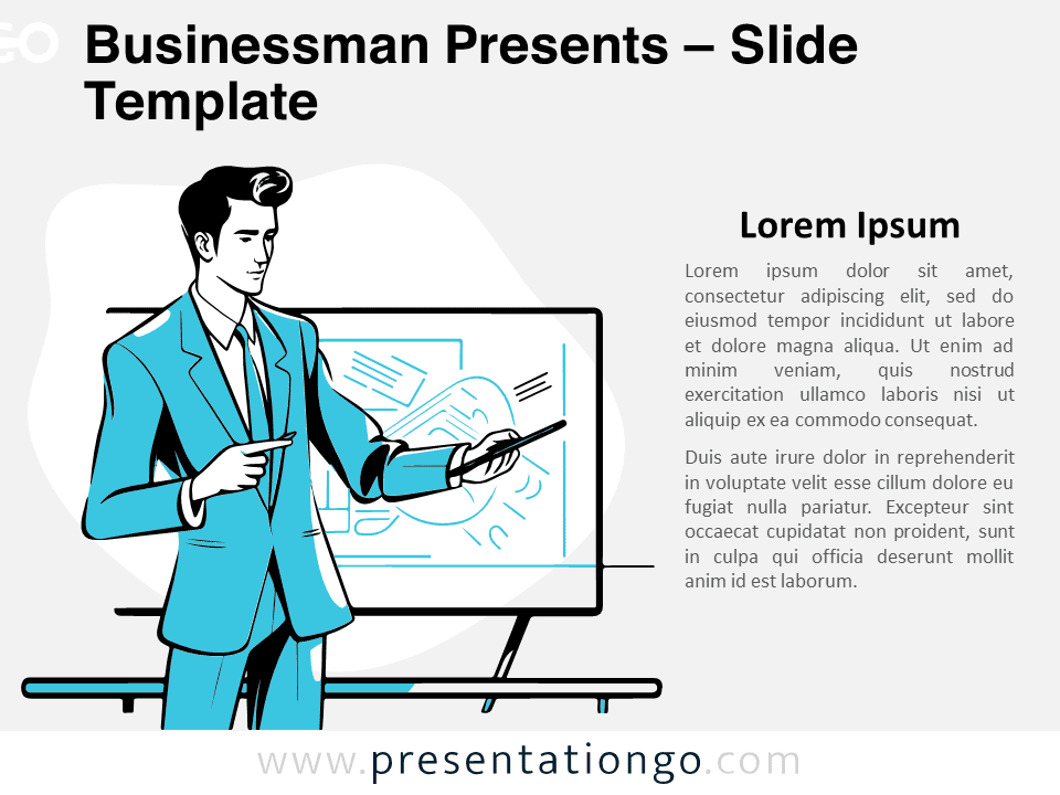 Preview of Businessman Presents template for PowerPoint and Google Slides featuring a businessman in teal suit presenting.