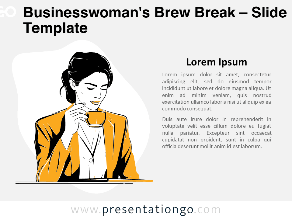 Preview of the Businesswoman’s Brew Break template for PowerPoint and Google Slides featuring a modern line art illustration of a businesswoman.