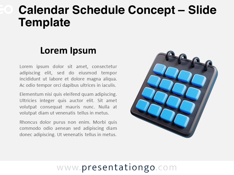 Preview of the Calendar Schedule Concept template for PowerPoint and Google Slides, featuring a 3D calendar icon for time management topics.