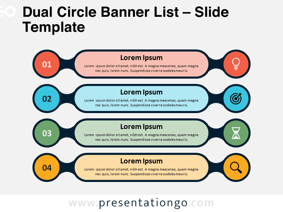 Preview of Dual Circle Banner List template slide for PowerPoint and Google Slides, featuring four steps with numbers and icons.