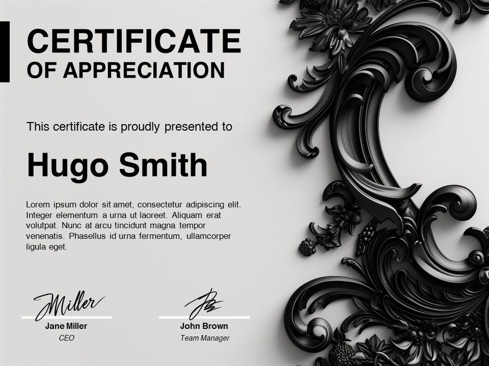 Example of the Ebony Scrollwork Elegance Certificate Template, showcasing a modern frame with a picture placeholder and refined black and white scrollwork design.