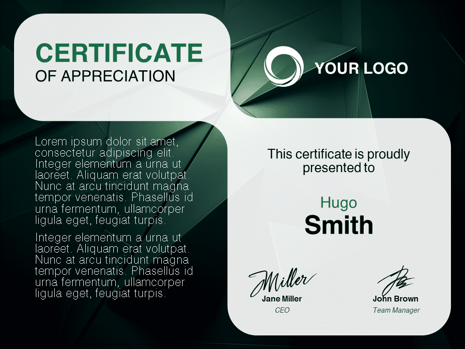 A preview of the Emerald Appreciation Certificate Template, designed for PowerPoint and Google Slides, showcasing a professional green geometric design.