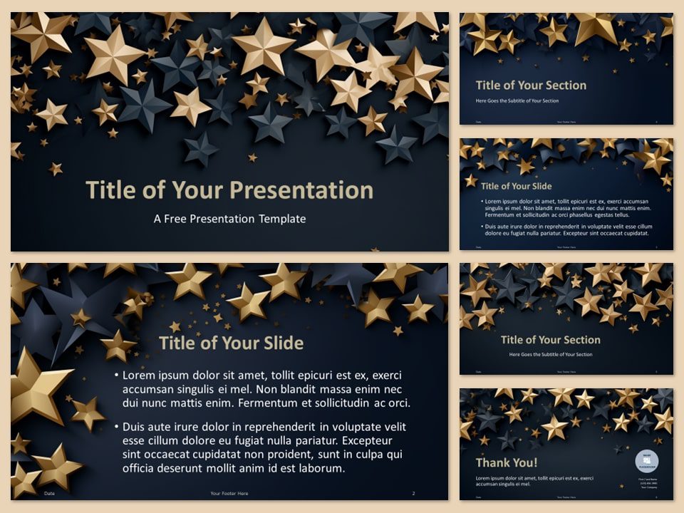 Preview of the Gold Celestial Template for PowerPoint showing the cover slide and 6 slide layouts.