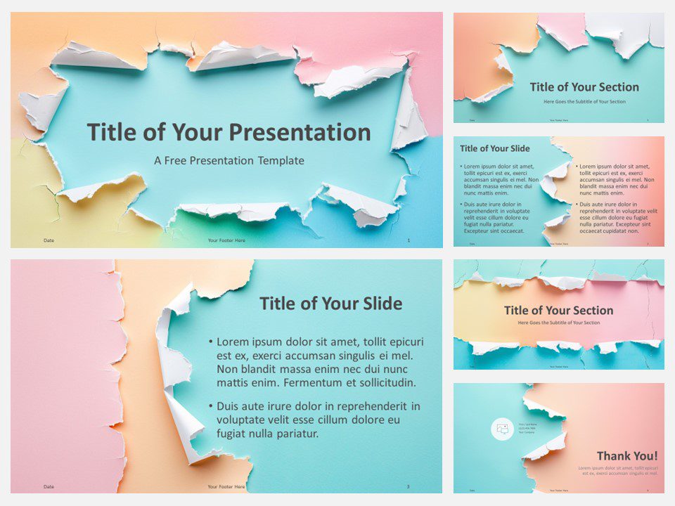 A preview of the Gradient Sunset Torn Paper Template for PowerPoint showing a set of six slides, including the cover slide.