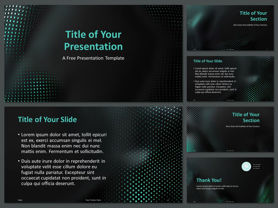 Preview of Greenwave Halftone Template showing 6 slides with standard layout and cover slide prominently displayed.