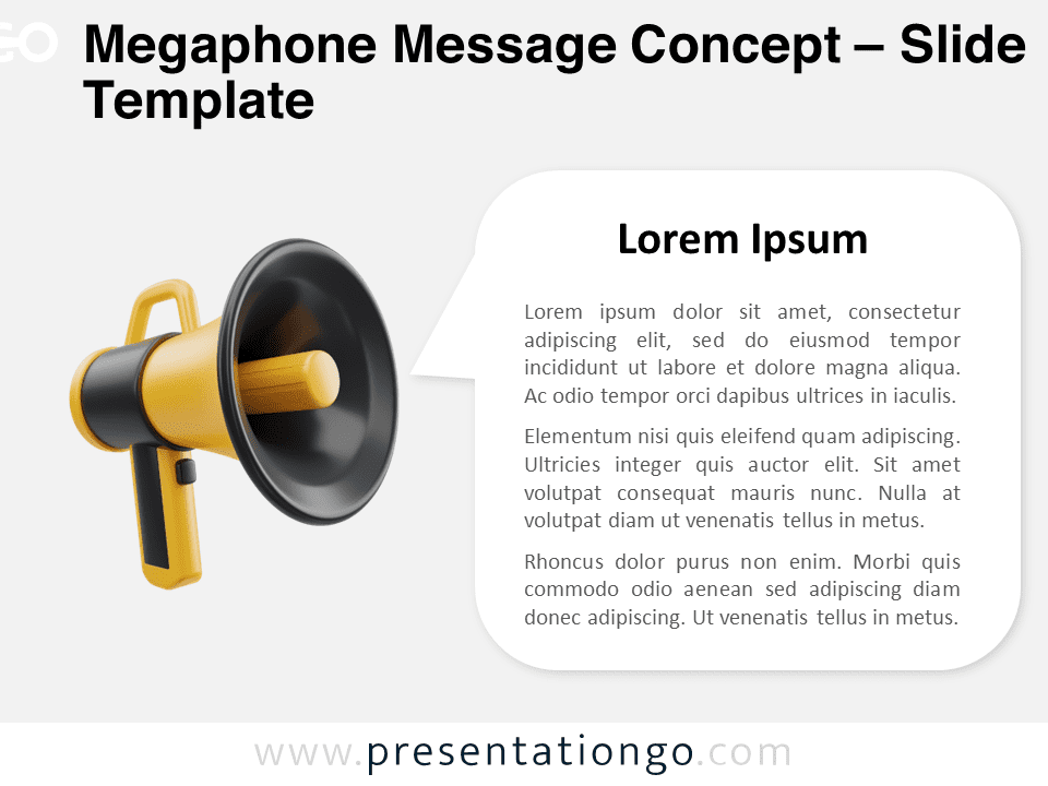 Featured image of the Megaphone Message Concept template for PowerPoint and Google Slides, showing a 3D megaphone illustration and speech bubble text box.