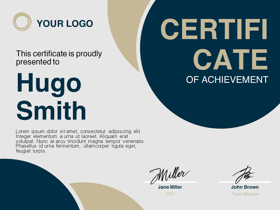 Navy Blue Modern Certificate Template, showcasing a professional and elegant design for PowerPoint and Google Slides, suitable for formal recognition.