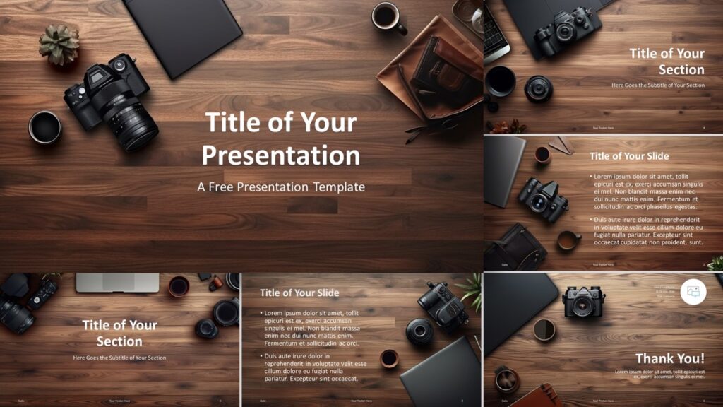 Featured image preview of the Photographer Workspace Template for PowerPoint and Google Slides showcasing 6 slides with a prominent cover slide.