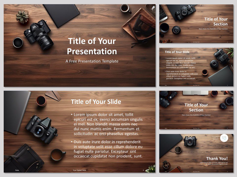 Featured image preview of the Photographer Workspace Template for PowerPoint showcasing 6 slides with a prominent cover slide.