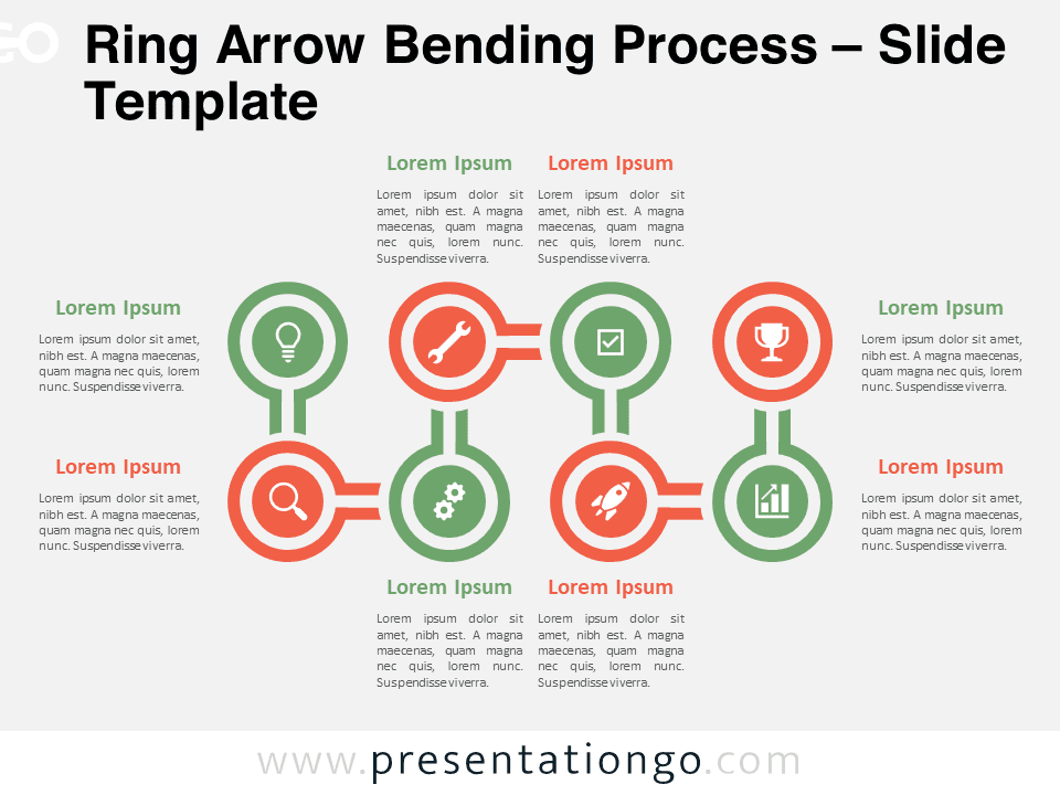 Preview of the Ring Arrow Bending Process template for PowerPoint and Google Slides, showing an 8-step process diagram with connected circular elements.